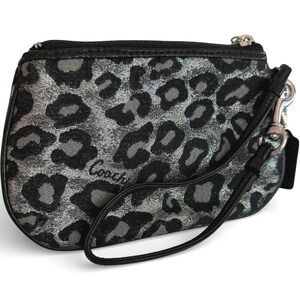 Coach Metallic Silver Leopard Print Mini Pouch Wristlet Clutch Black Patent Trim